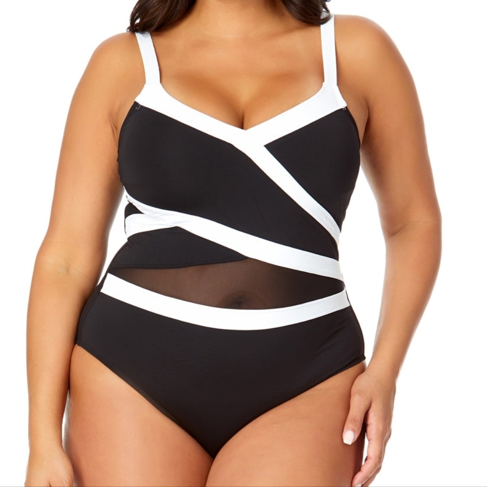 Anne Cole NWOT Black & White Mesh One Piece Swimsuit - 22W